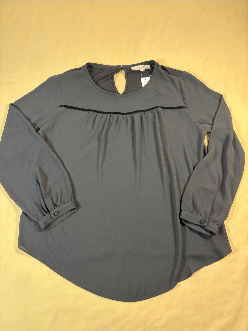 LOFT L Black Chiffon Blouse Long Sleeve Pleated Keyhole Workwear Top NWT